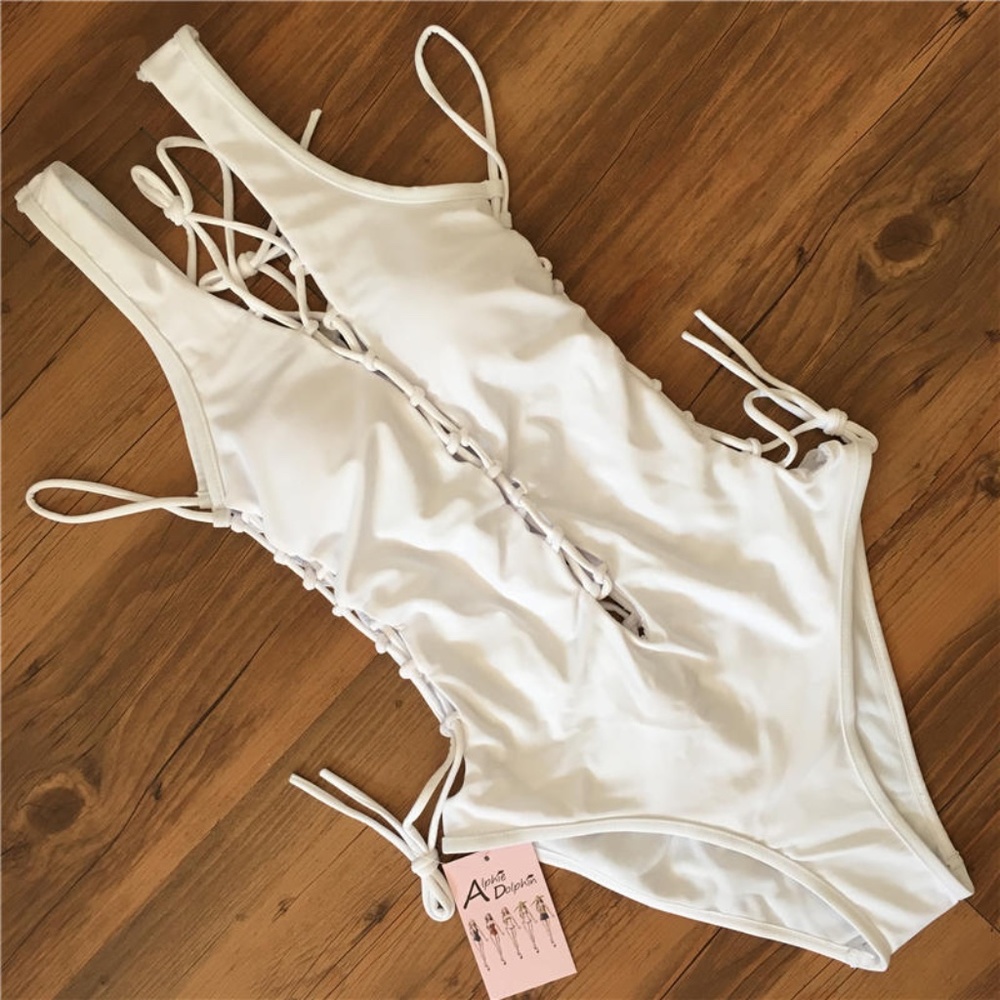 New! White Lace Up One Piece Bathing Swim Suit - Picture 6 of 15